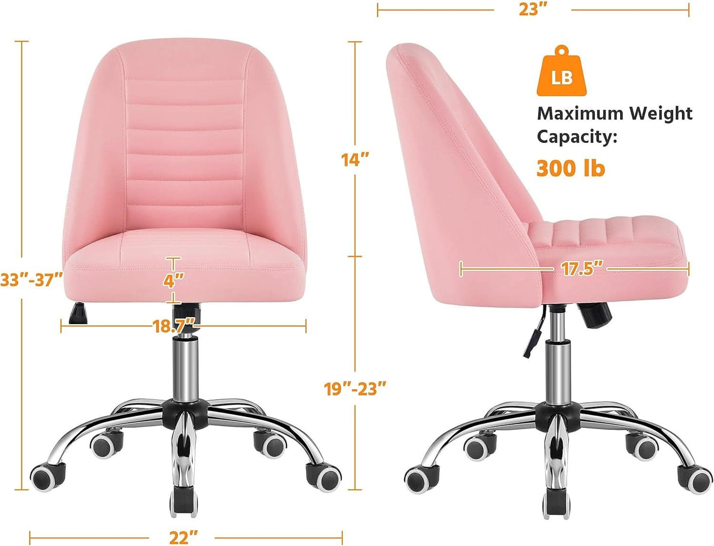 Pink PU Leather Armless Office Chair with Rolling Wheels Mid-Back Task Chair-2