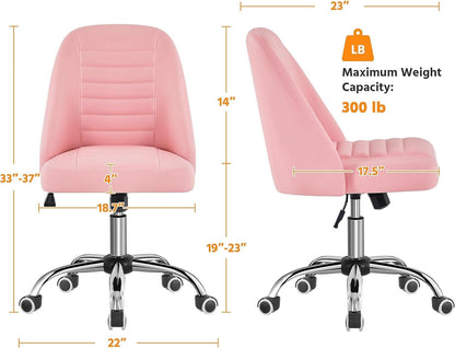 Pink PU Leather Armless Office Chair with Rolling Wheels Mid-Back Task Chair-2