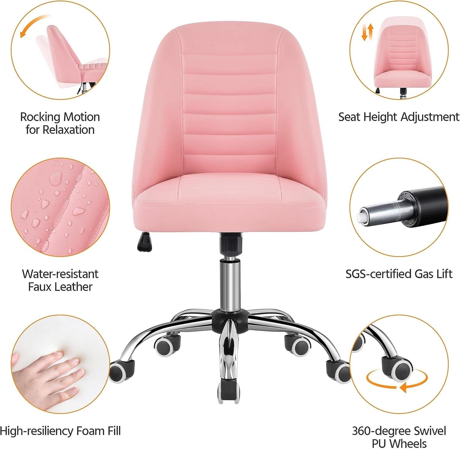 Pink PU Leather Armless Office Chair with Rolling Wheels Mid-Back Task Chair-3