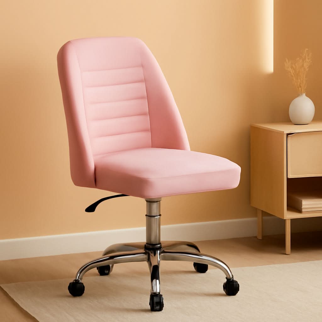 Pink PU Leather Armless Office Chair with Rolling Wheels Mid-Back Task Chair-0