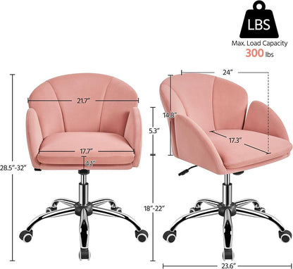 Pink office chair with measurements and load capacity label on a white background