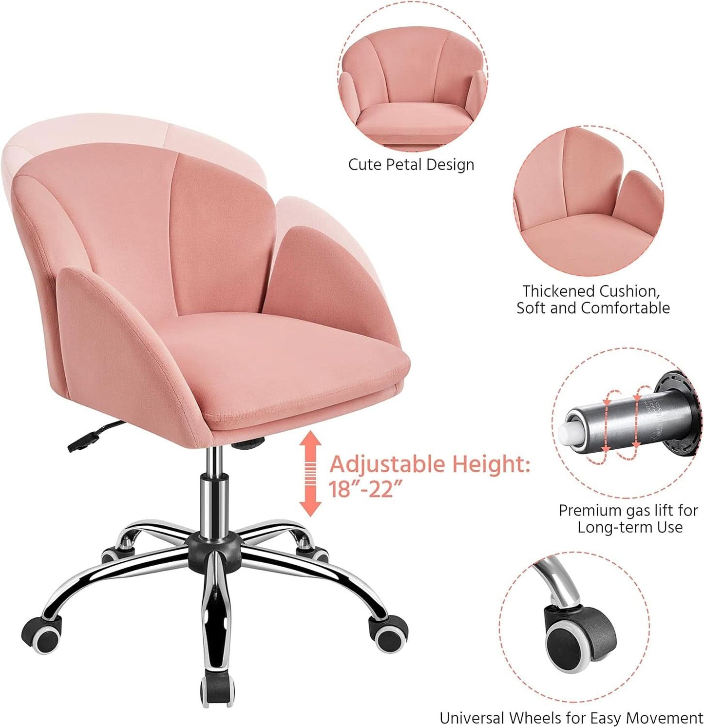 Pink office chair with adjustable height features on a white background