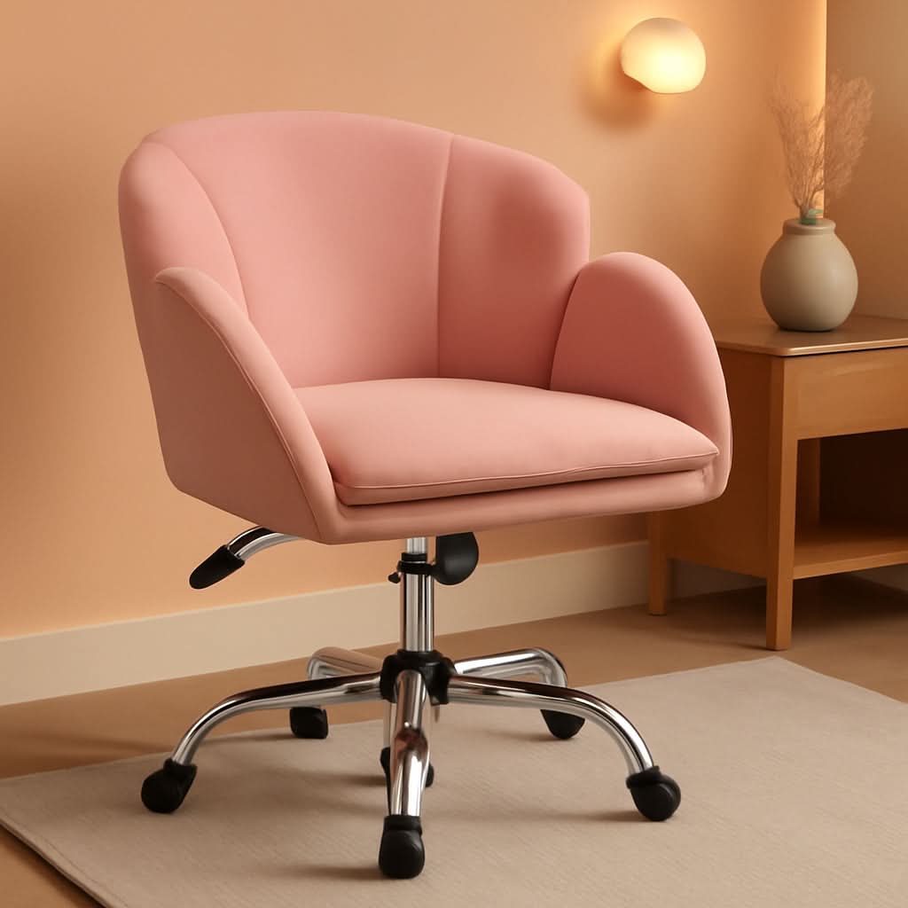 Pink office chair in a room with a wooden desk and wall light.