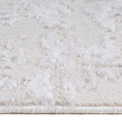 Close-up of a textured white rug with a subtle pattern