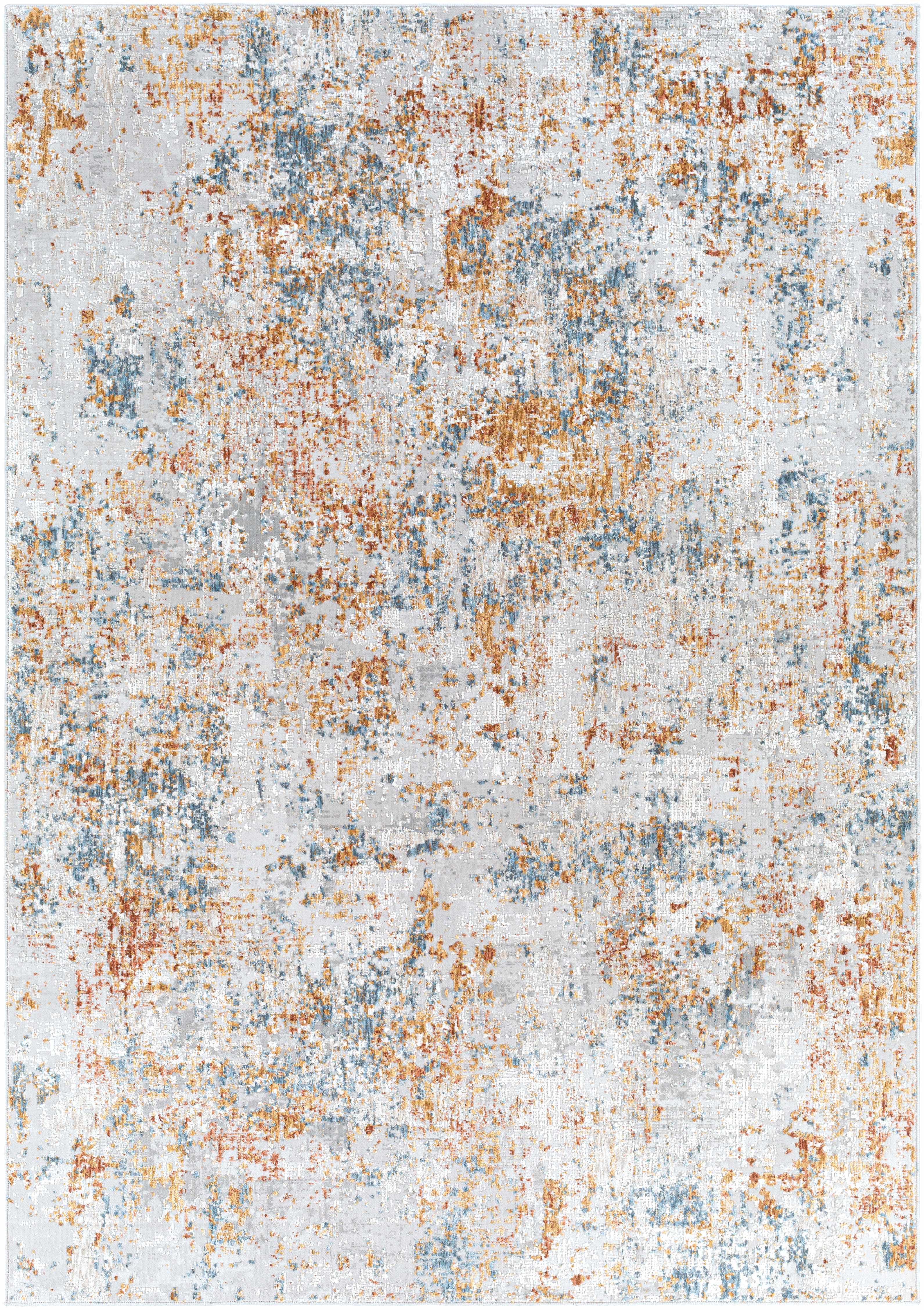 Multicolored textured area rug with a mix of orange, blue, and gray tones.