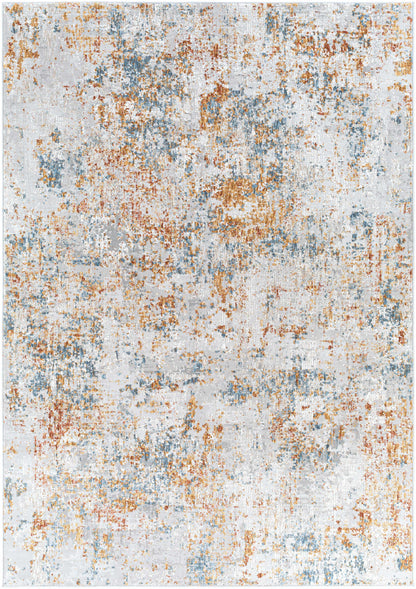 Multicolored textured area rug with a mix of orange, blue, and gray tones.