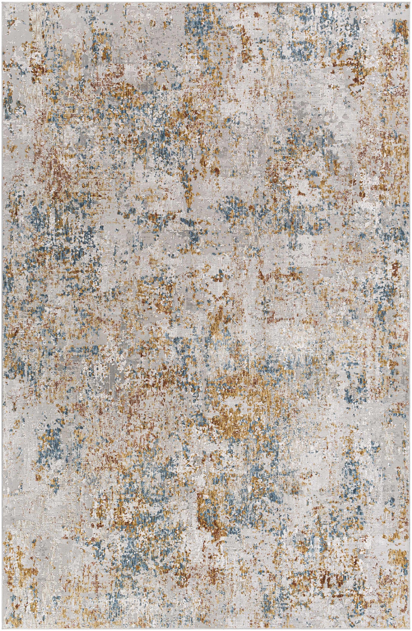 Multicolored textured area rug with a mix of beige, brown, and blue tones.