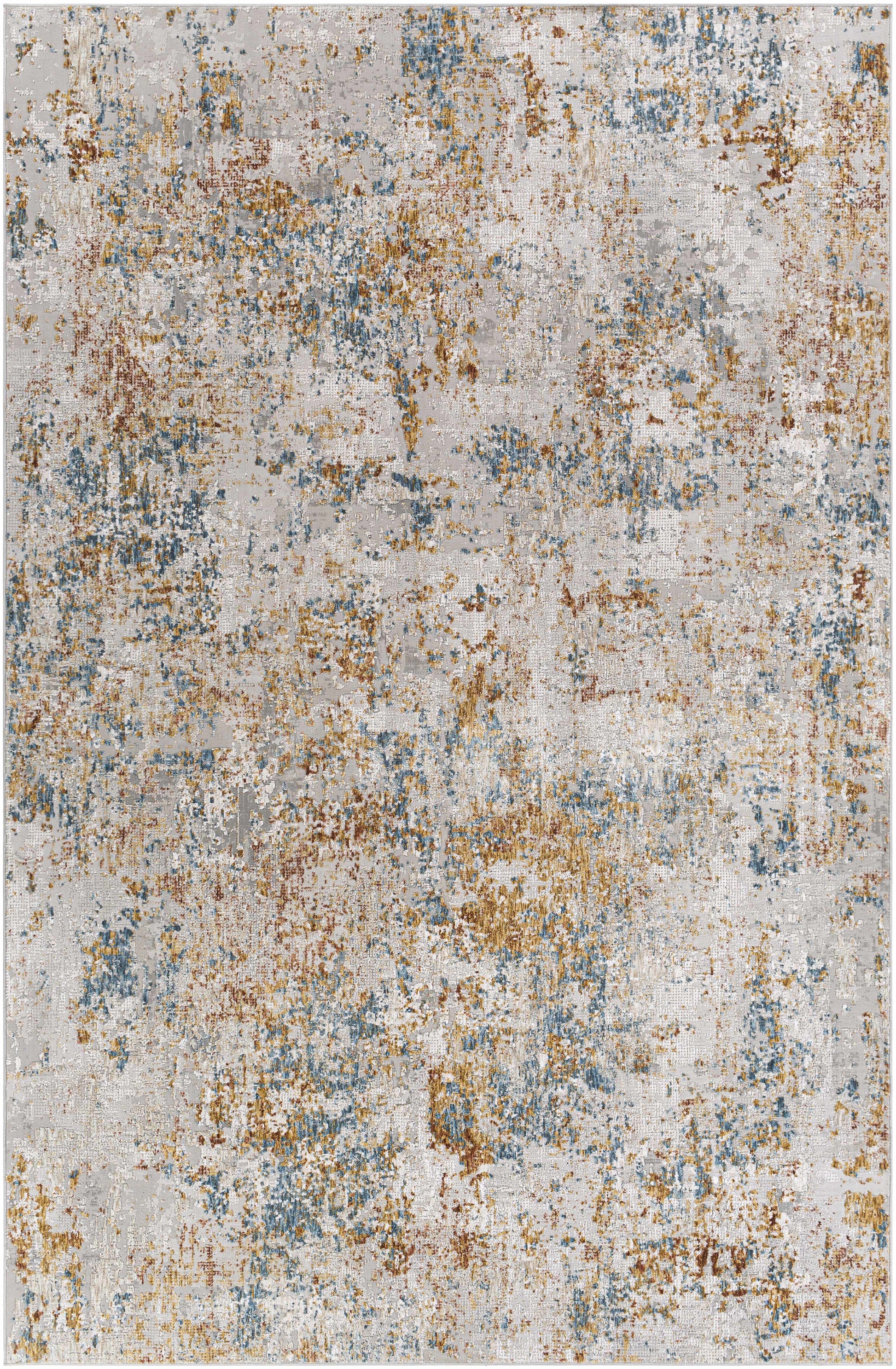 Multicolored textured area rug with a mix of beige, brown, and blue tones.