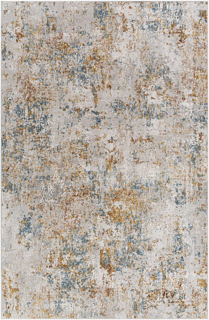 Multicolored textured area rug with a mix of beige, brown, and blue tones.