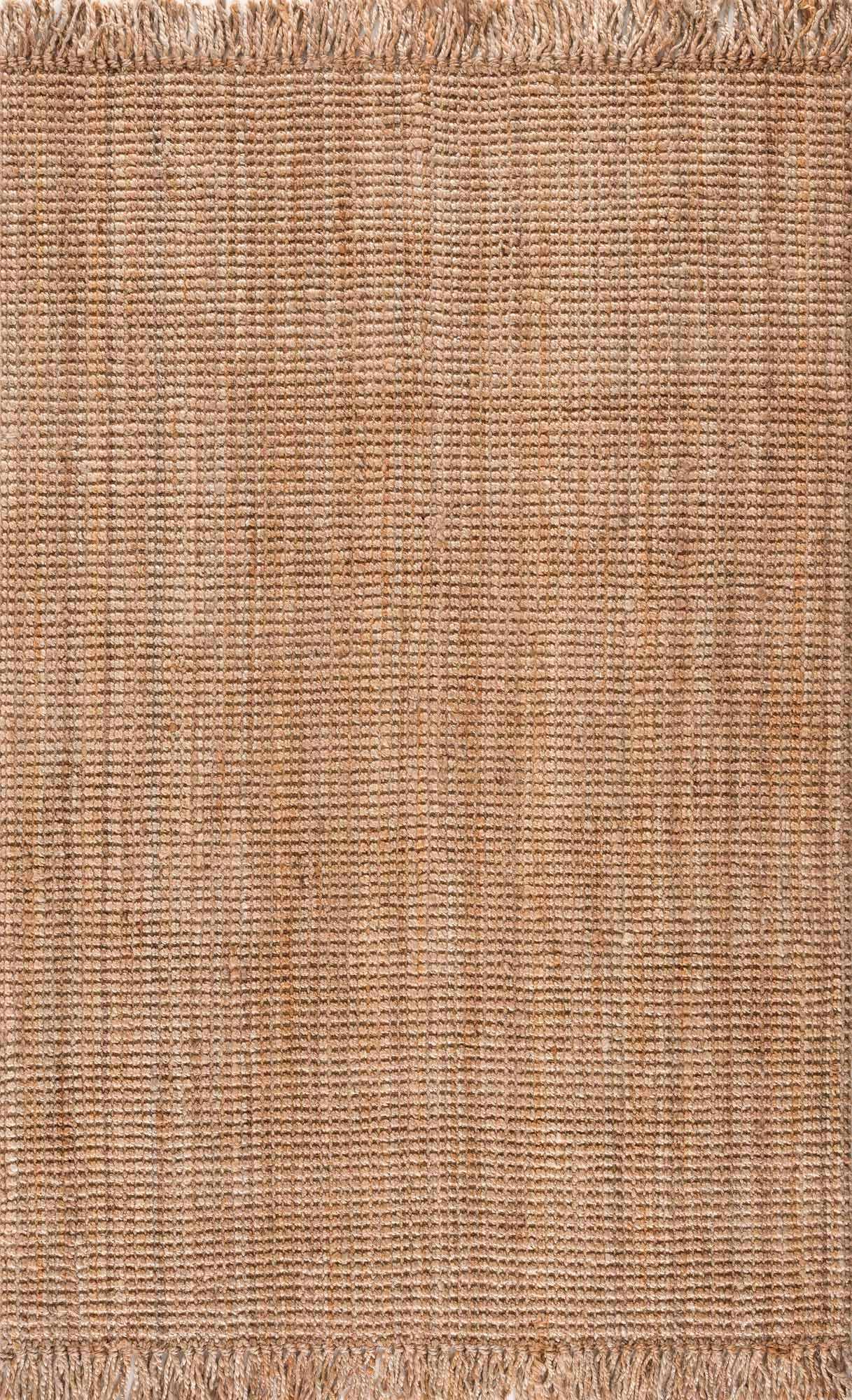 Textured brown rug with fringes at the top and bottom