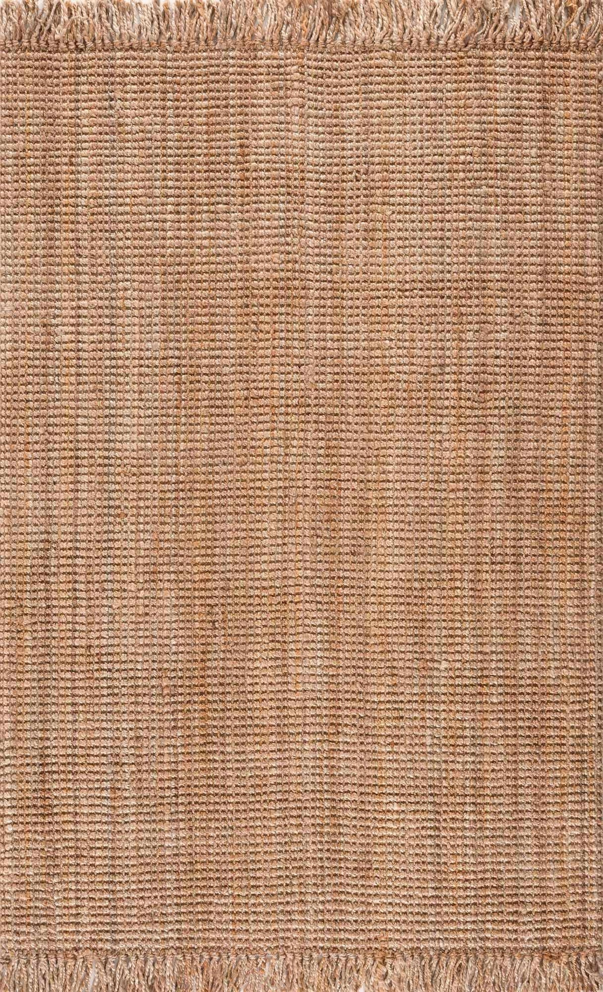 Textured brown rug with fringes at the top and bottom