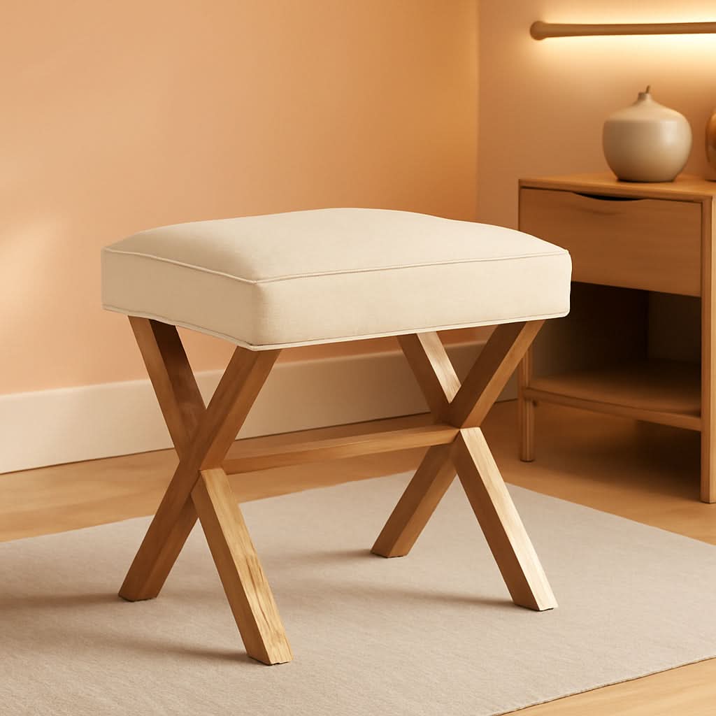 Beige cushioned stool with wooden legs in a room setting.