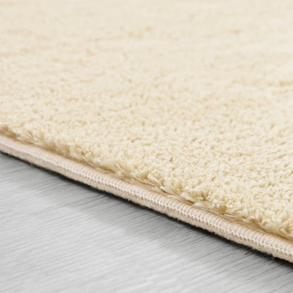 Close-up of a beige rug on a wooden floor