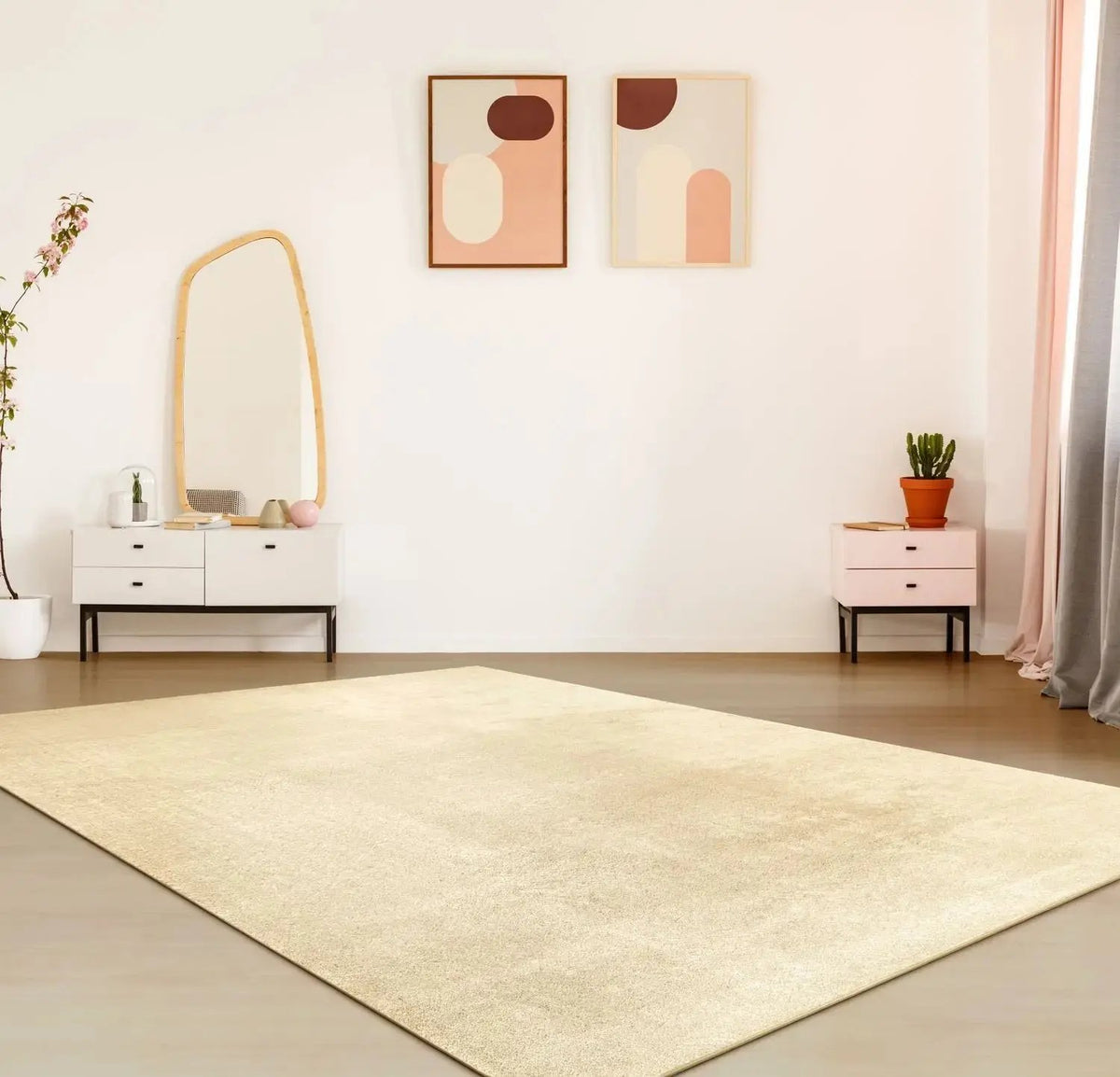 Beige rug in a room with a mirror, dresser, and wall art.