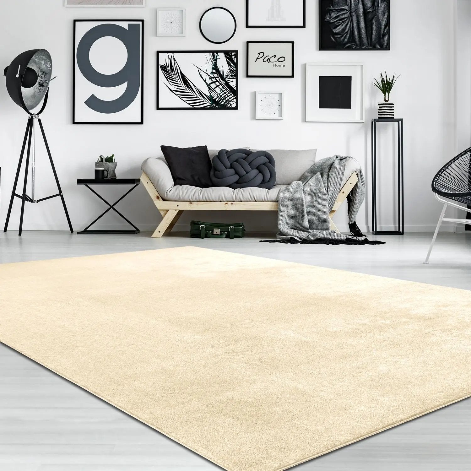 Beige rug in a modern living room with a sofa and decorative items.