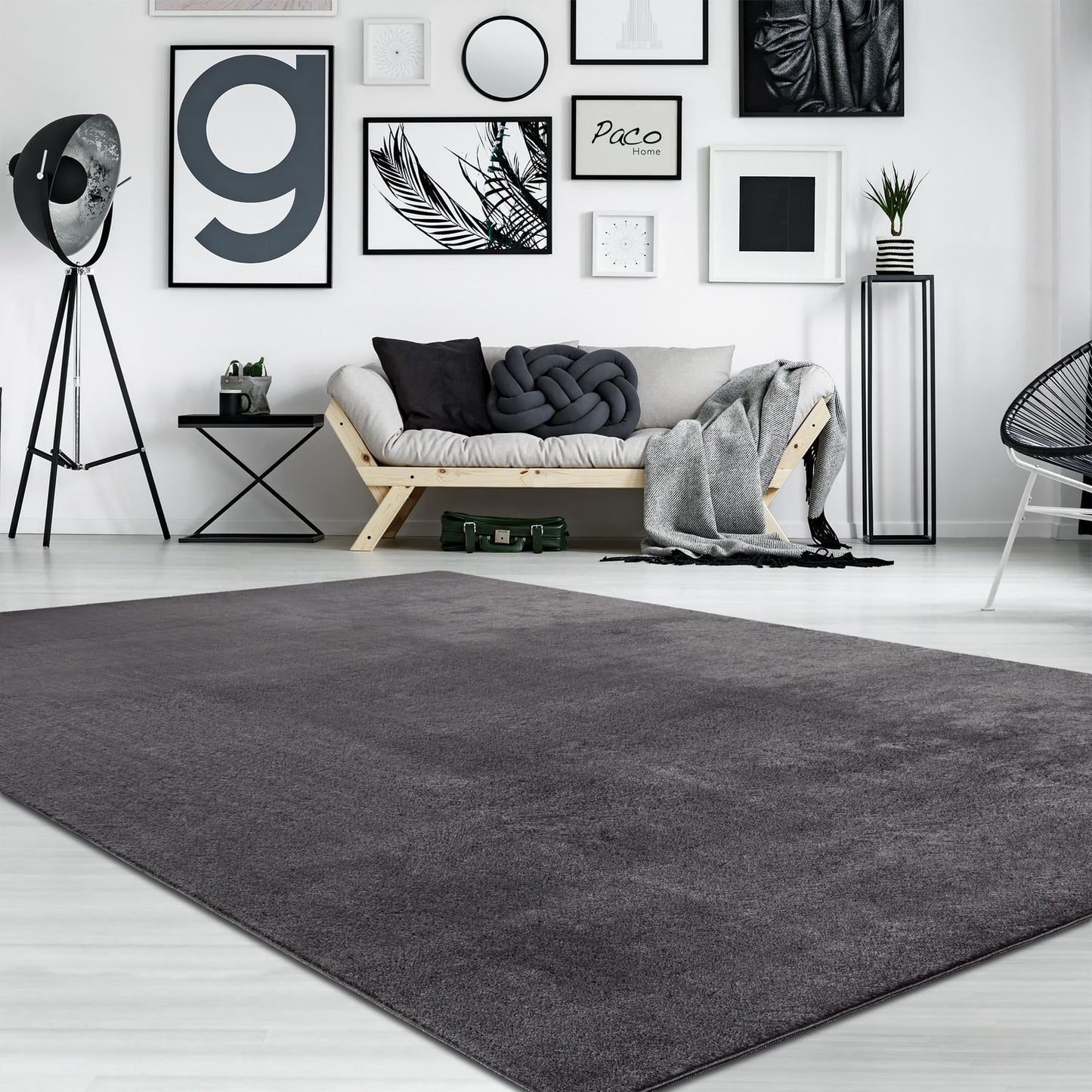 Modern living room with a gray rug, white walls, and minimal decor.