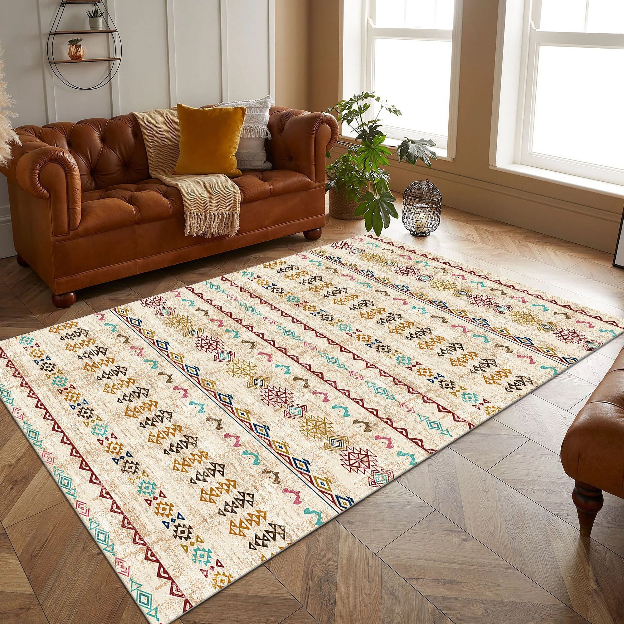 Patterned rug on a wooden floor with a brown sofa and decorative items.