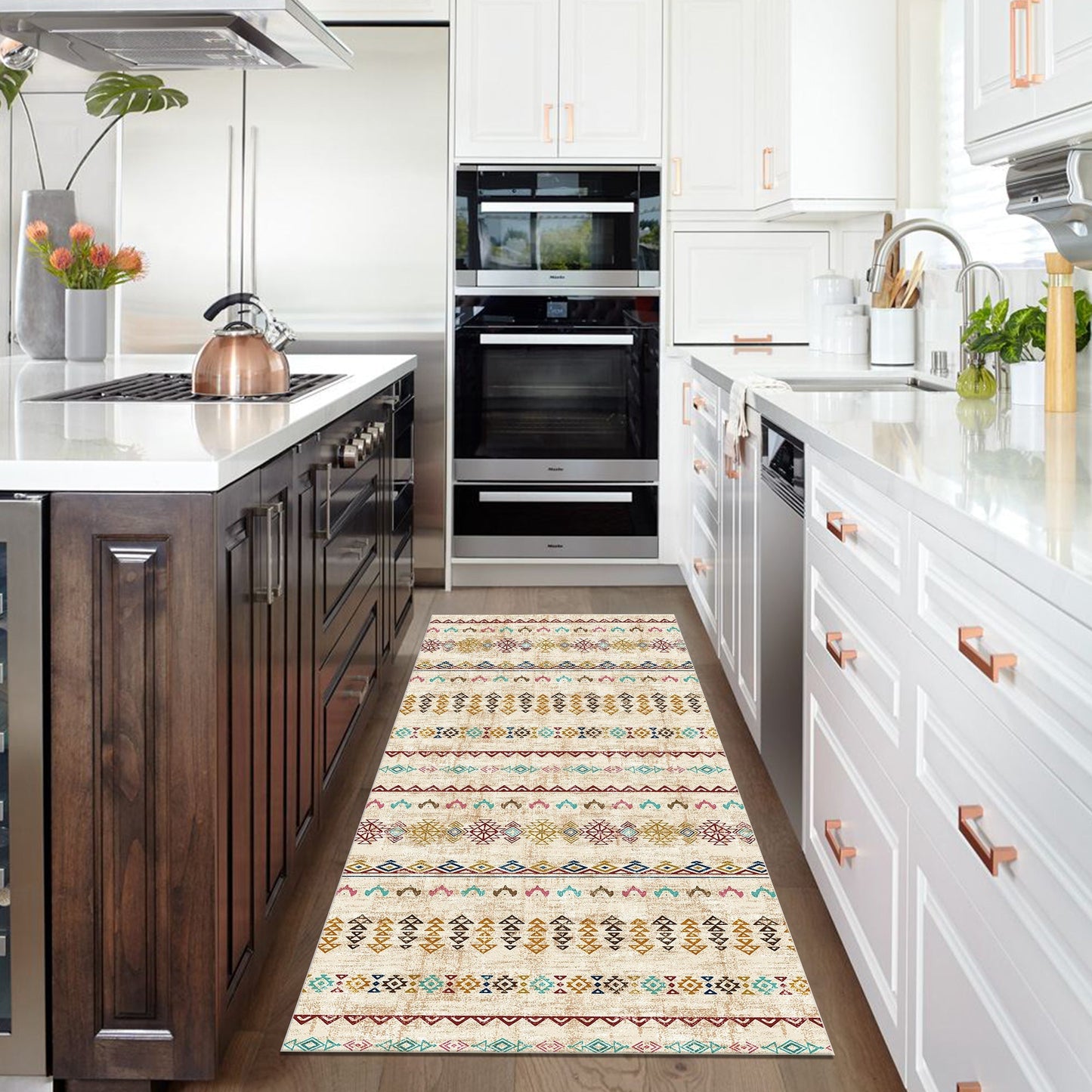 Modern kitchen with a patterned rug on the floor