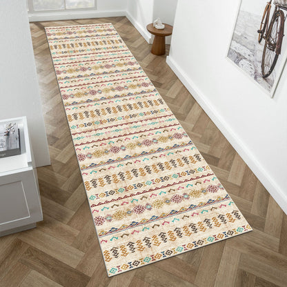 Long, patterned rug on a wooden floor in a room with a bicycle and small table.