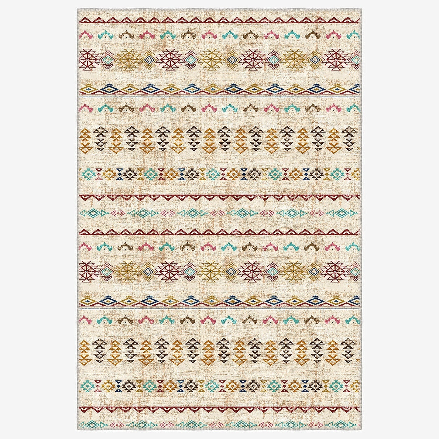 Rug with multicolored geometric pattern on a beige background