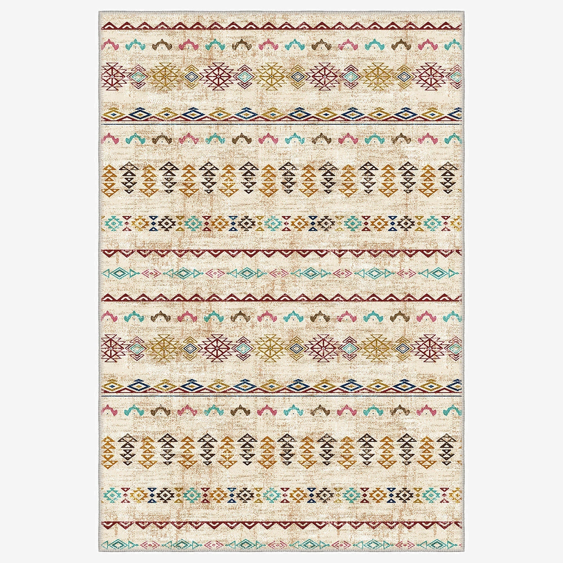 Rug with multicolored geometric pattern on a beige background