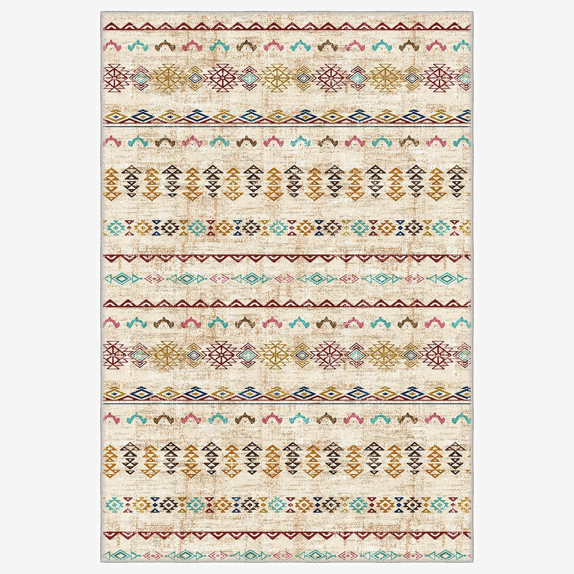 Rug with multicolored geometric pattern on a beige background