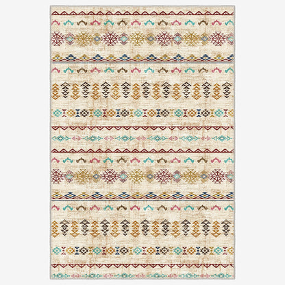 Rug with multicolored geometric pattern on a beige background