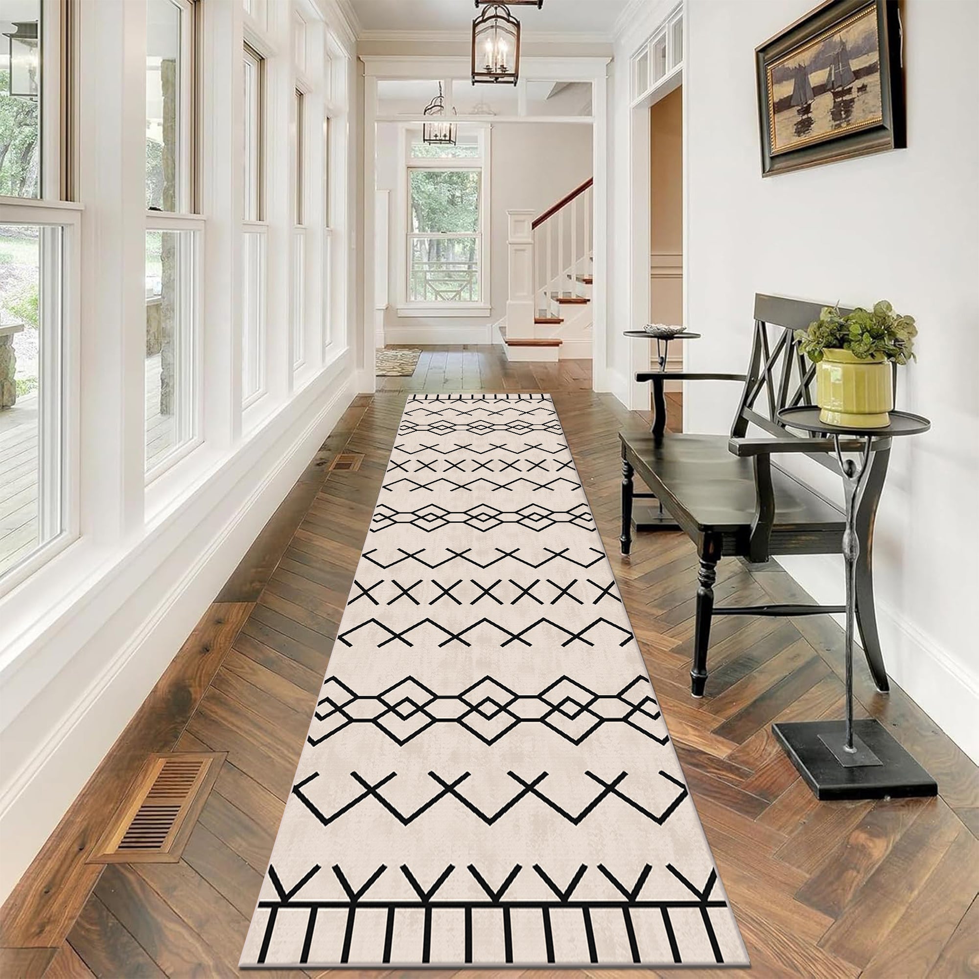 Patterned rug on a wooden floor in a home interior.