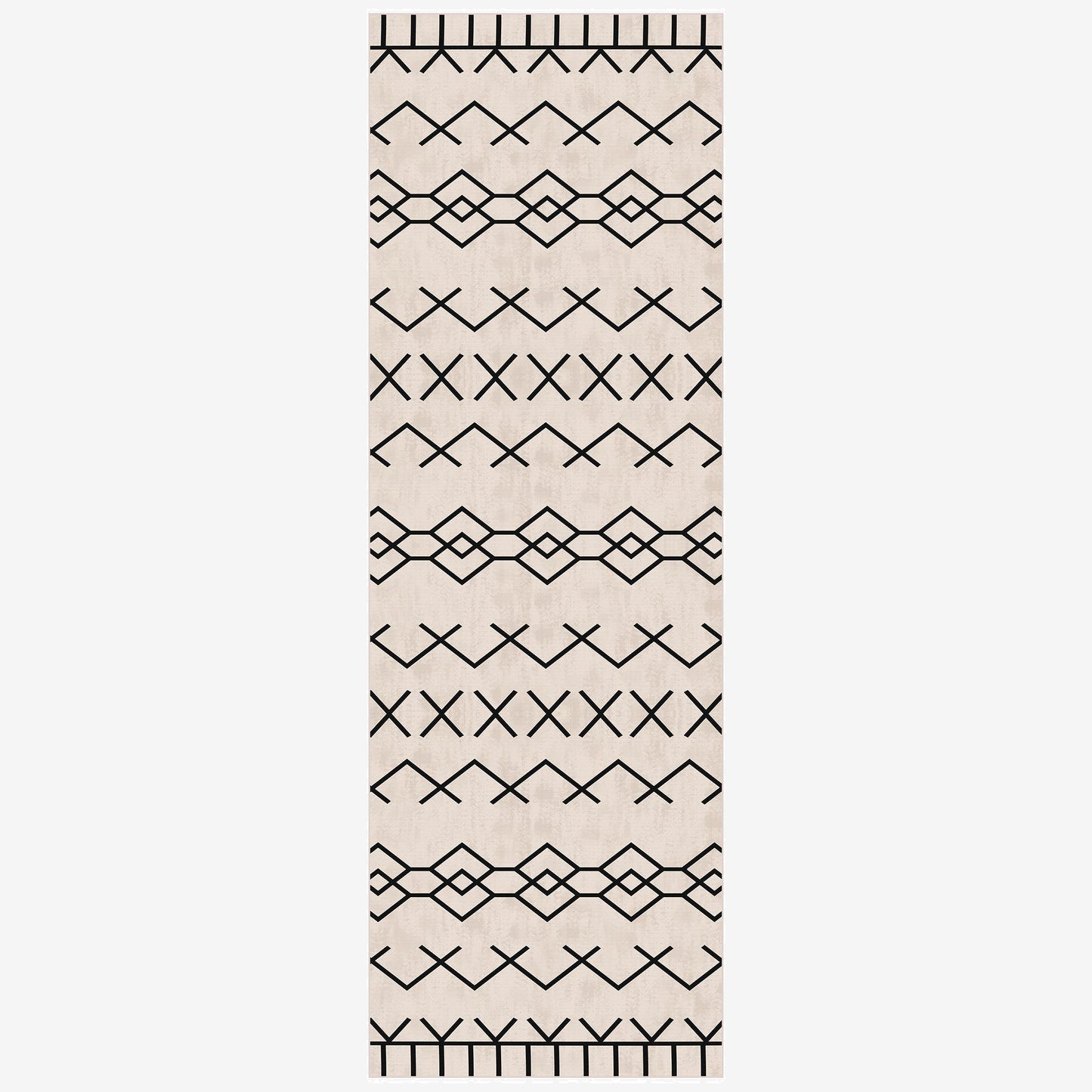 Beige runner rug with black geometric pattern on a white background