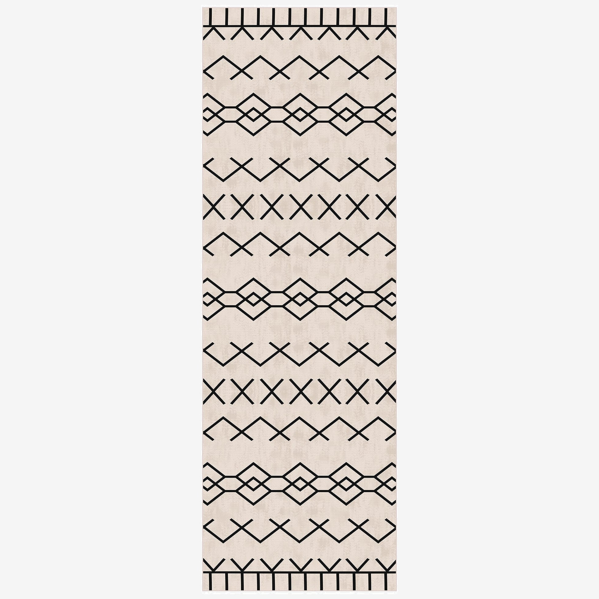 Beige runner rug with black geometric pattern on a white background