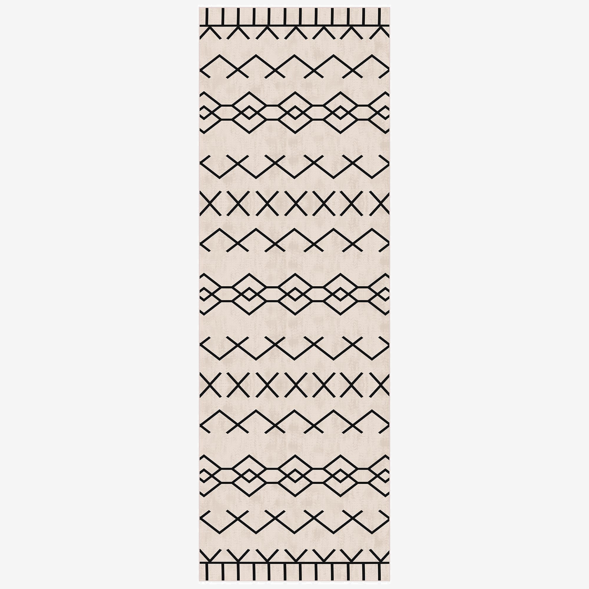 Beige runner rug with black geometric pattern on a white background