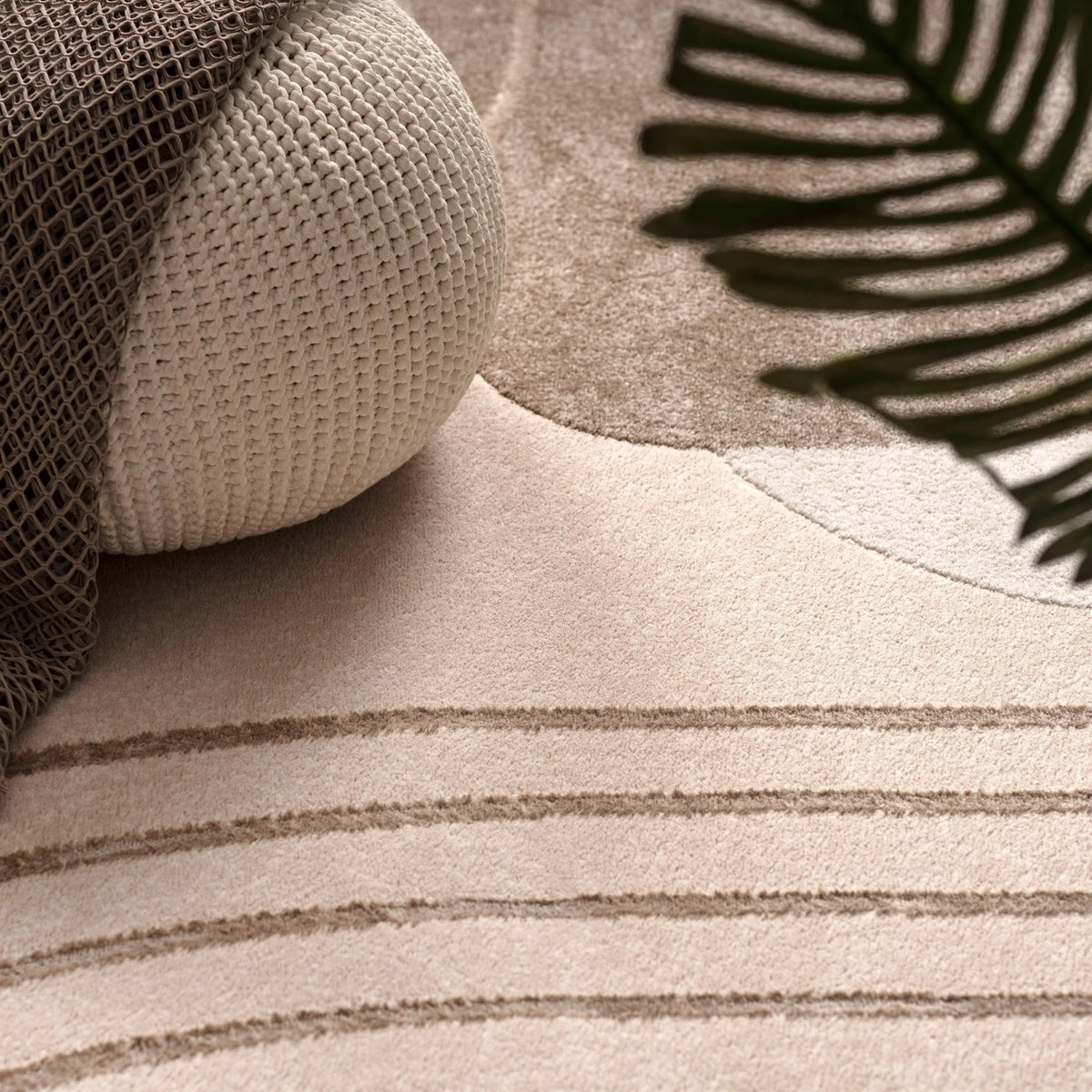 Close-up of a textured surface with a patterned pillow and leaf-like design.