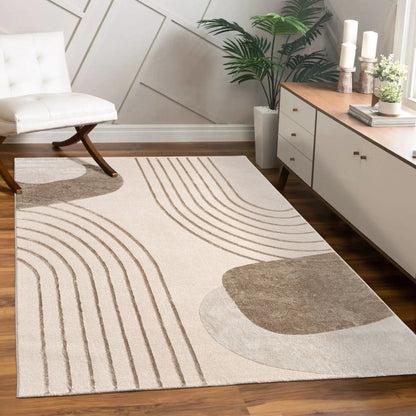 Modern rug with abstract design in a living room setting