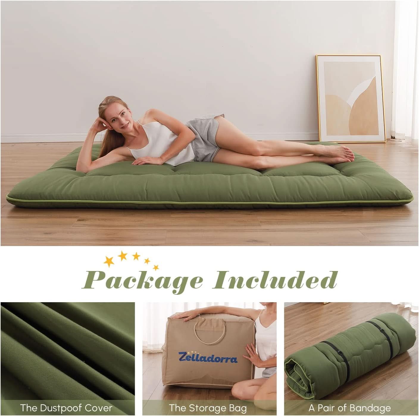 Woman lying on a green mattress cover with included packaging displayed below.