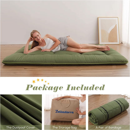 Woman lying on a green mattress cover with included packaging displayed below.