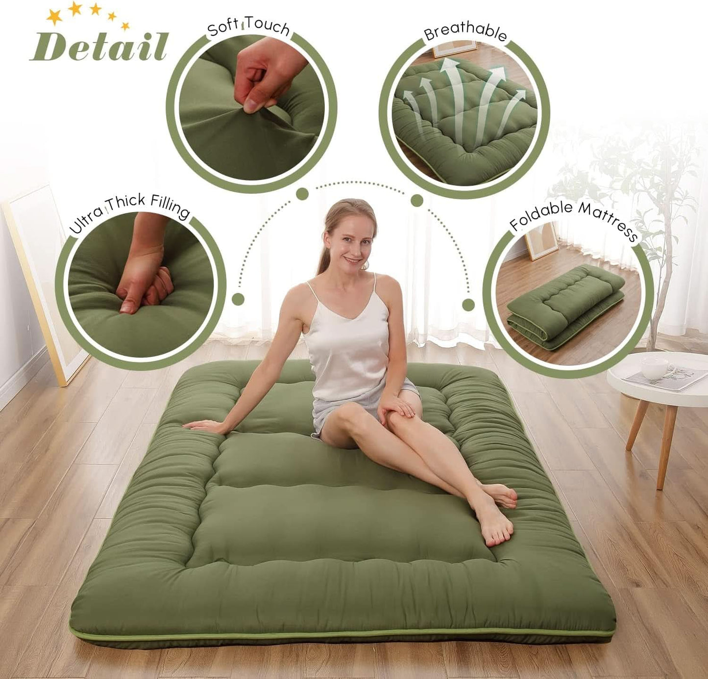 Woman sitting on a green mattress with features highlighted in circular insets.