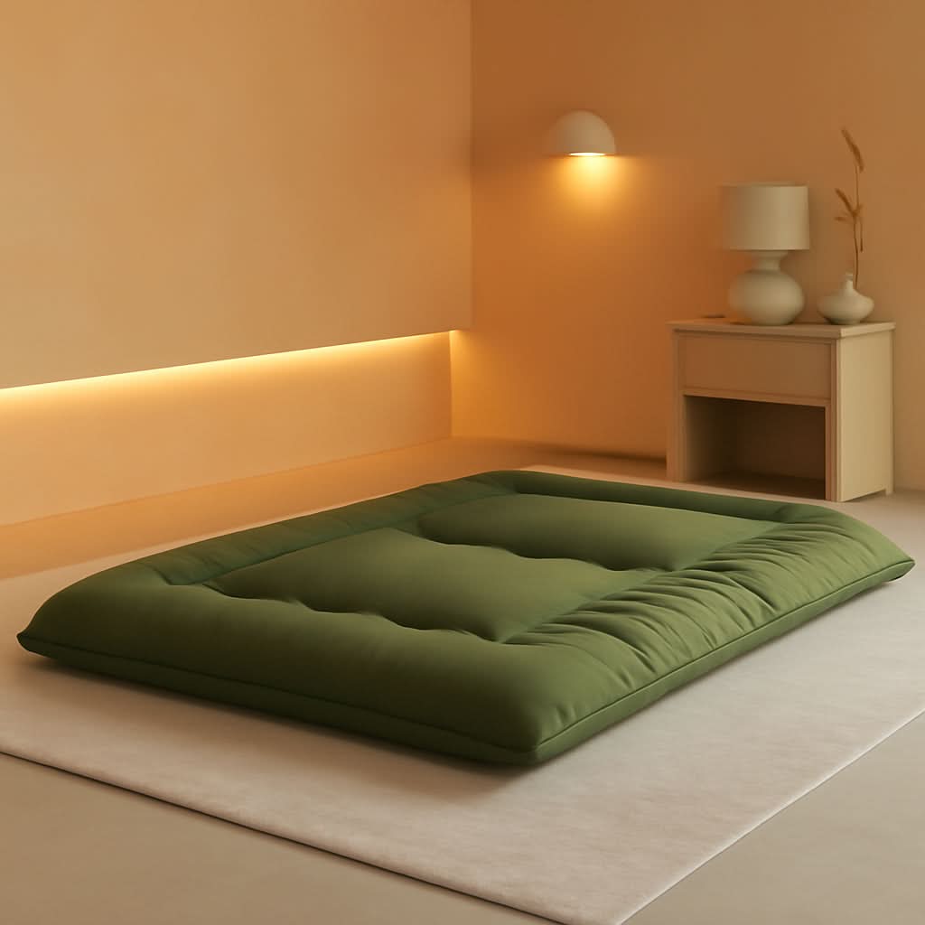 Green futon mattress on a white mat in a room with orange walls and a side table.