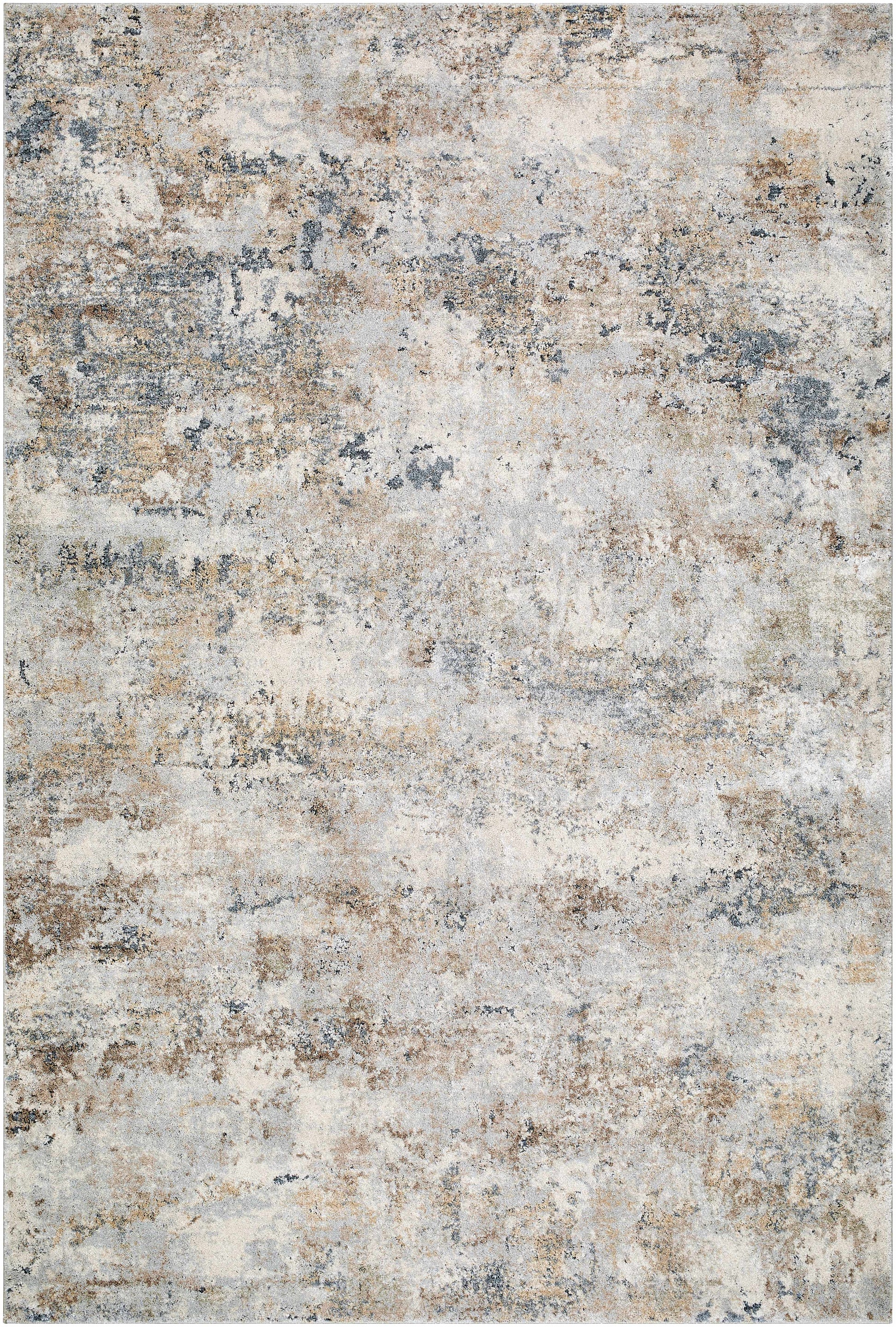 Textured area rug with neutral colors on a plain background