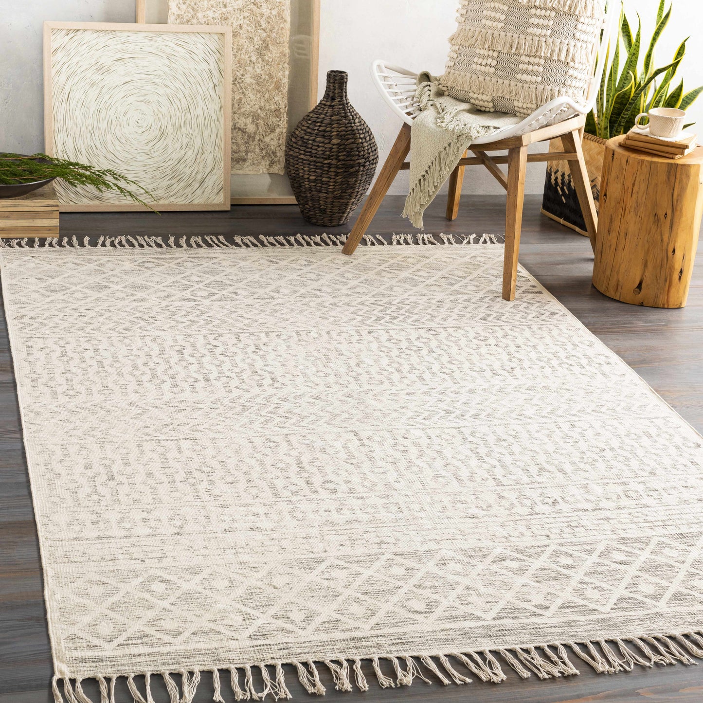 Beige area rug with tassels in a living room setting