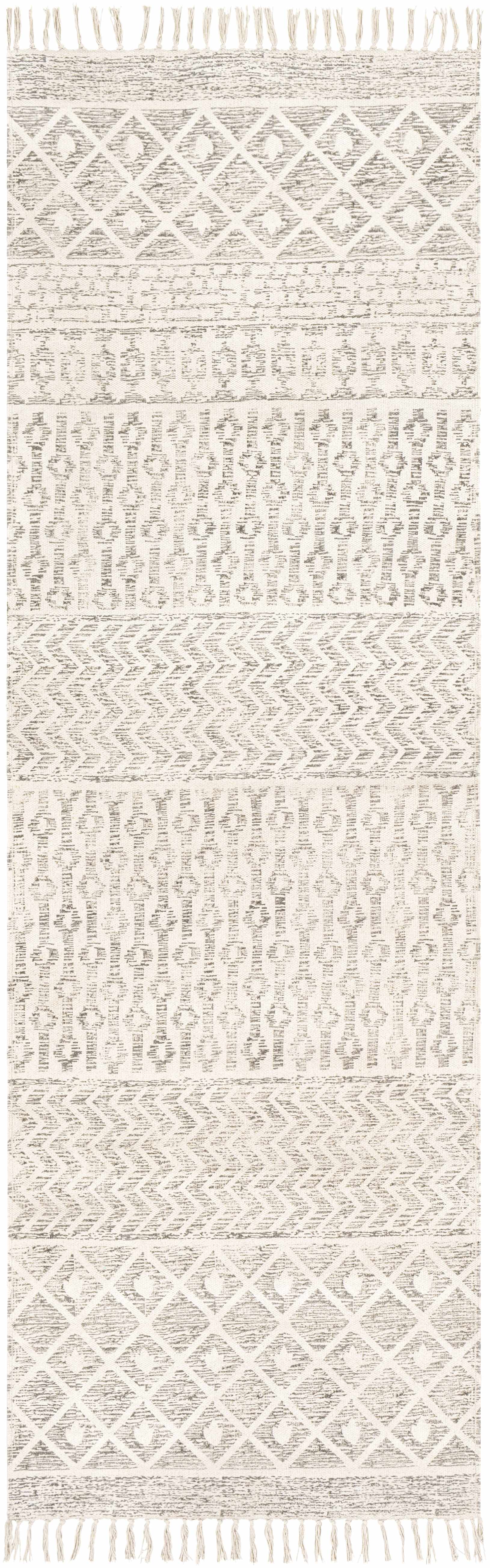 Patterned rug with geometric design on a white background