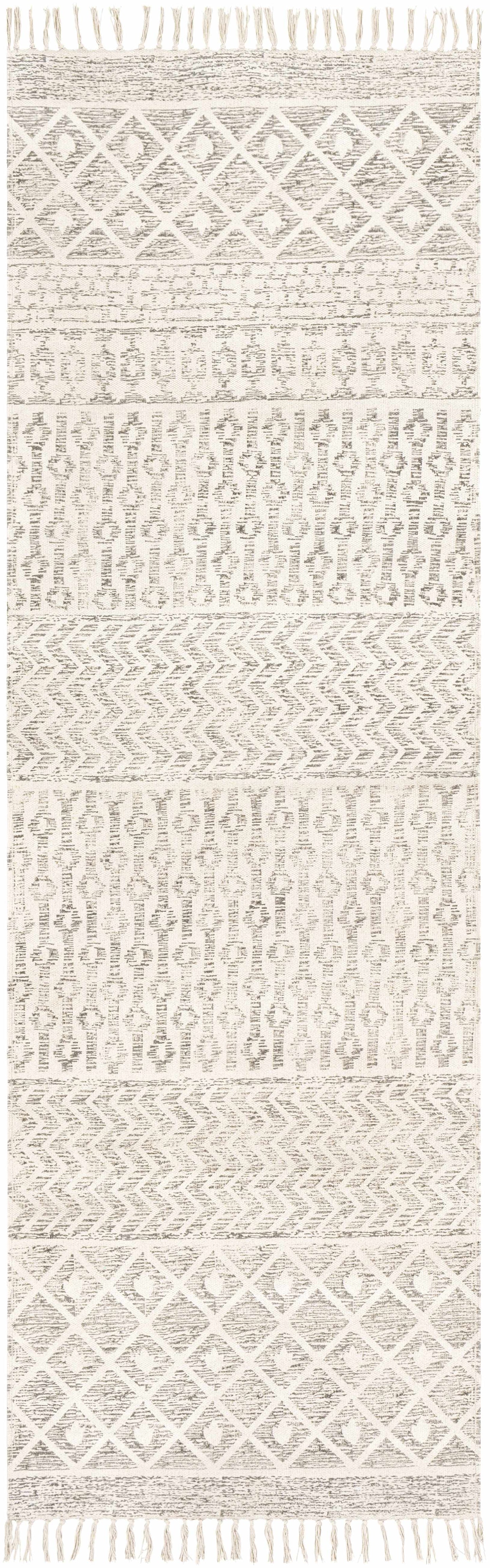 Patterned rug with geometric design on a white background