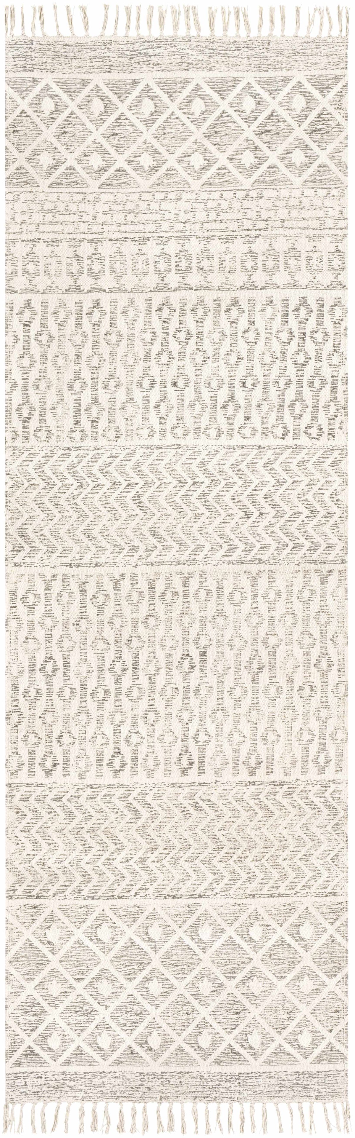 Patterned rug with geometric design on a white background