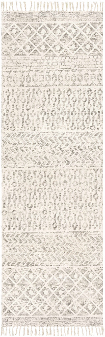 Patterned rug with geometric design on a white background