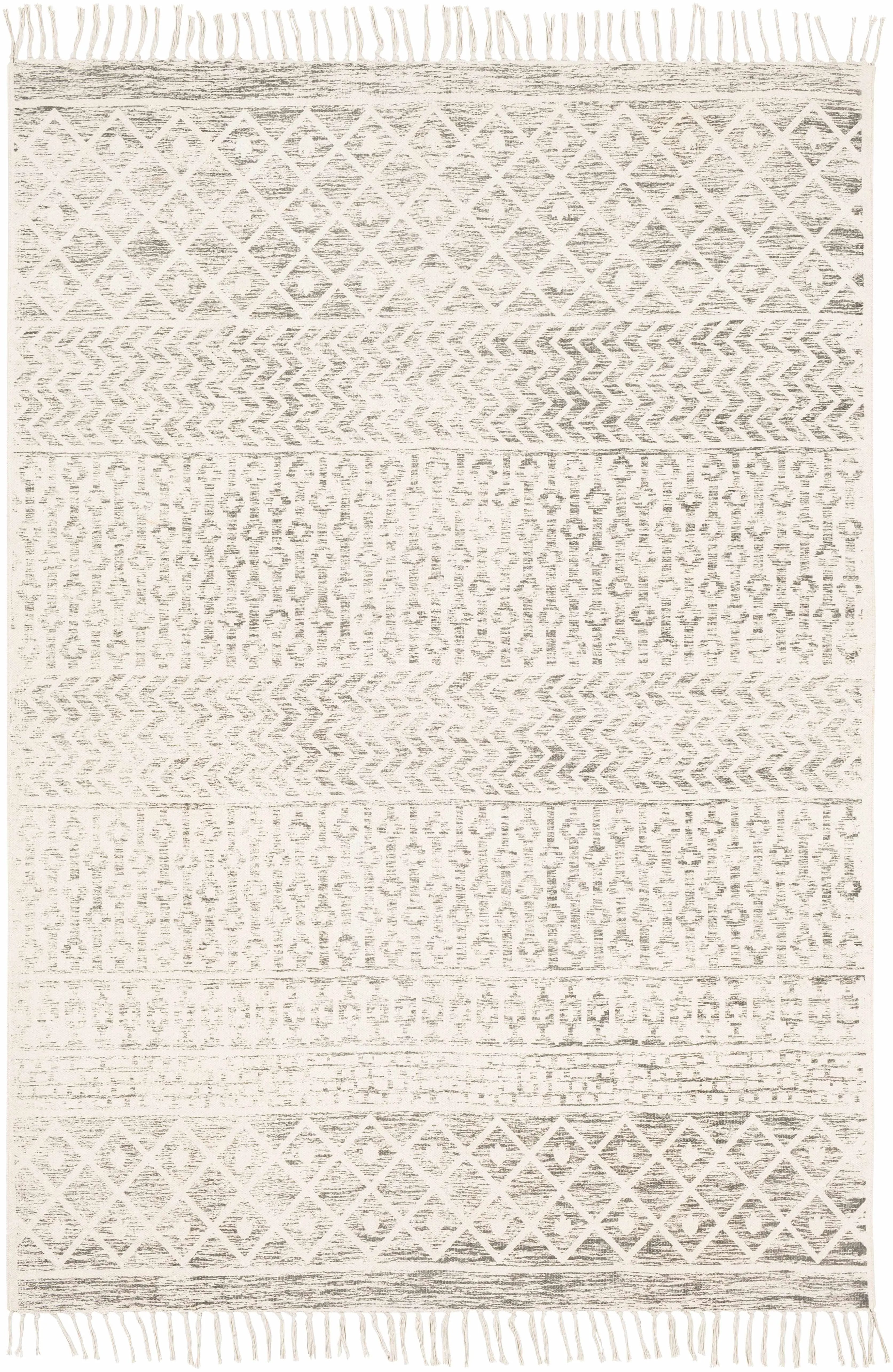 A square area rug with a textured, woven geometric pattern in cream and light gray, featuring fringed edges on all sides.