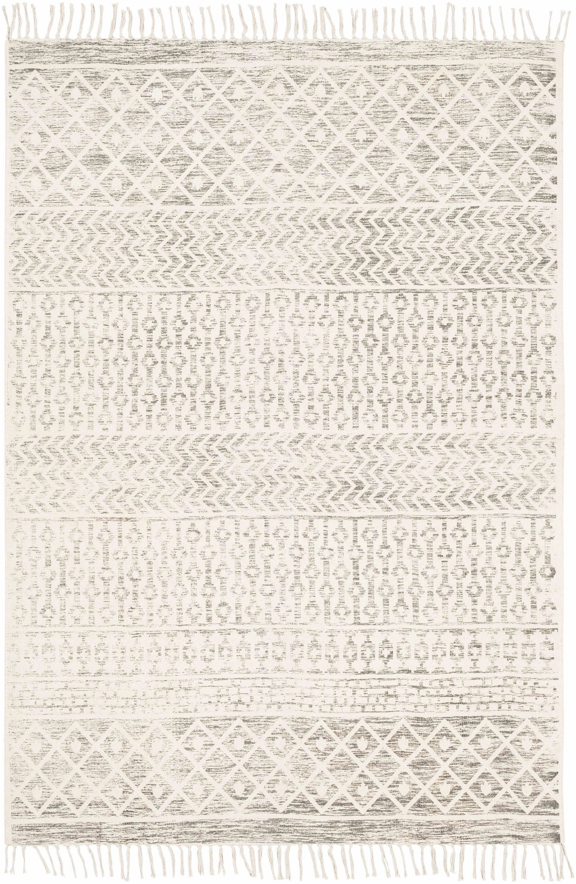 A square area rug with a textured, woven geometric pattern in cream and light gray, featuring fringed edges on all sides.