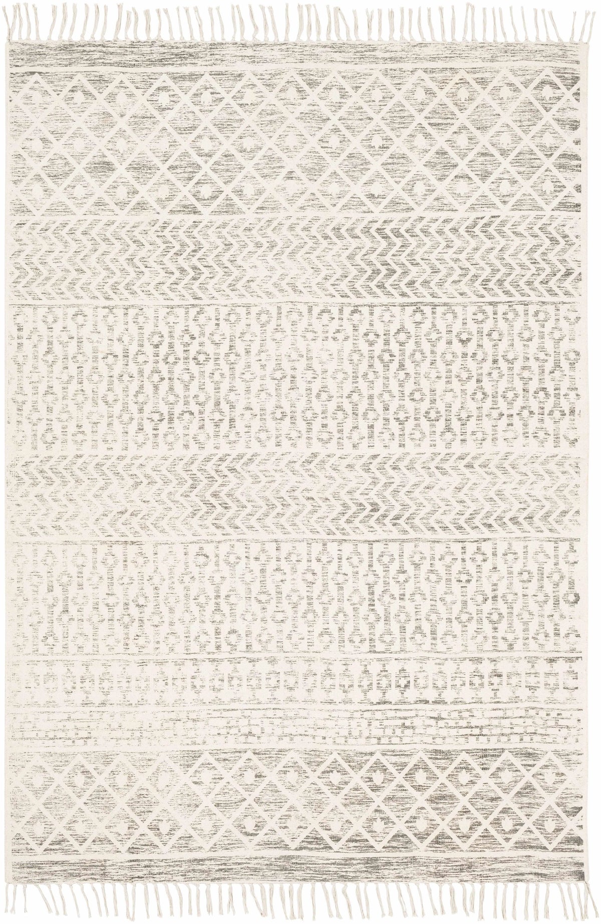 A square area rug with a textured, woven geometric pattern in cream and light gray, featuring fringed edges on all sides.