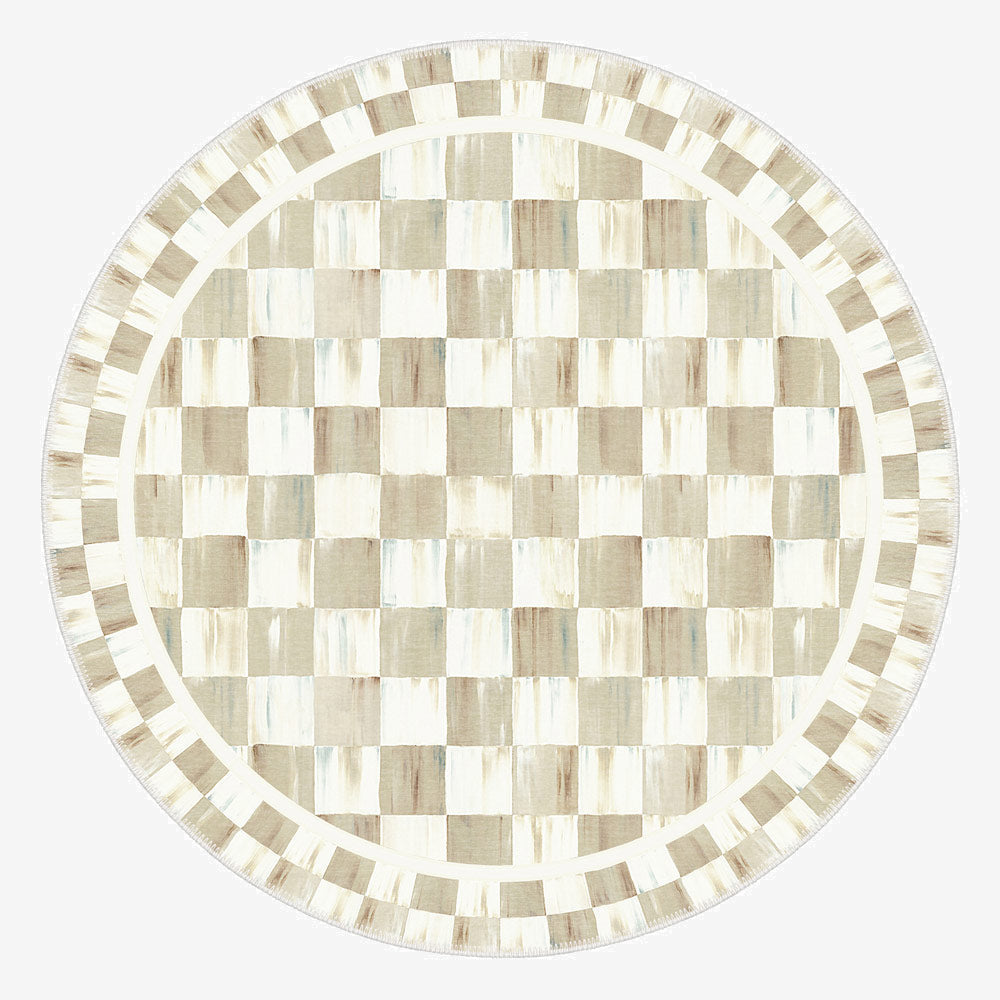 Round checkered table top with a beige and white pattern on a white background