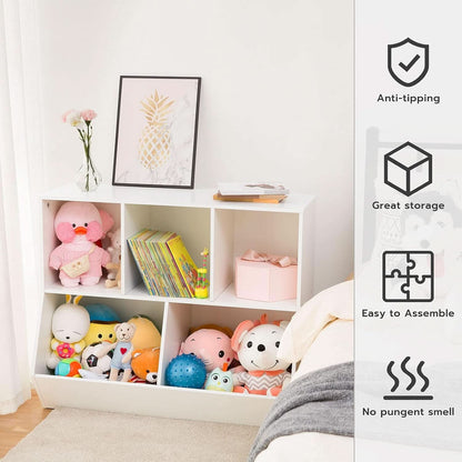 White storage shelf with toys and books, featuring icons and text about product features.