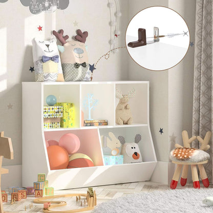 Children's room with shelves, toys, and a small chair in a neutral color scheme.