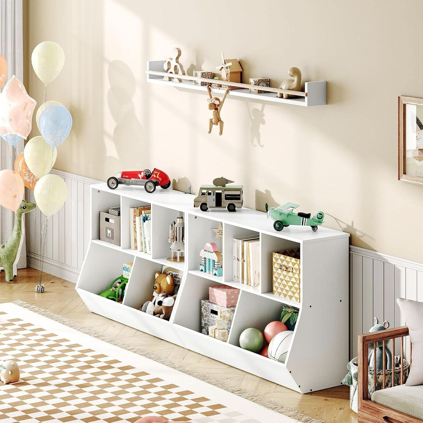 Children's room with white bookshelf, toys, and balloons.